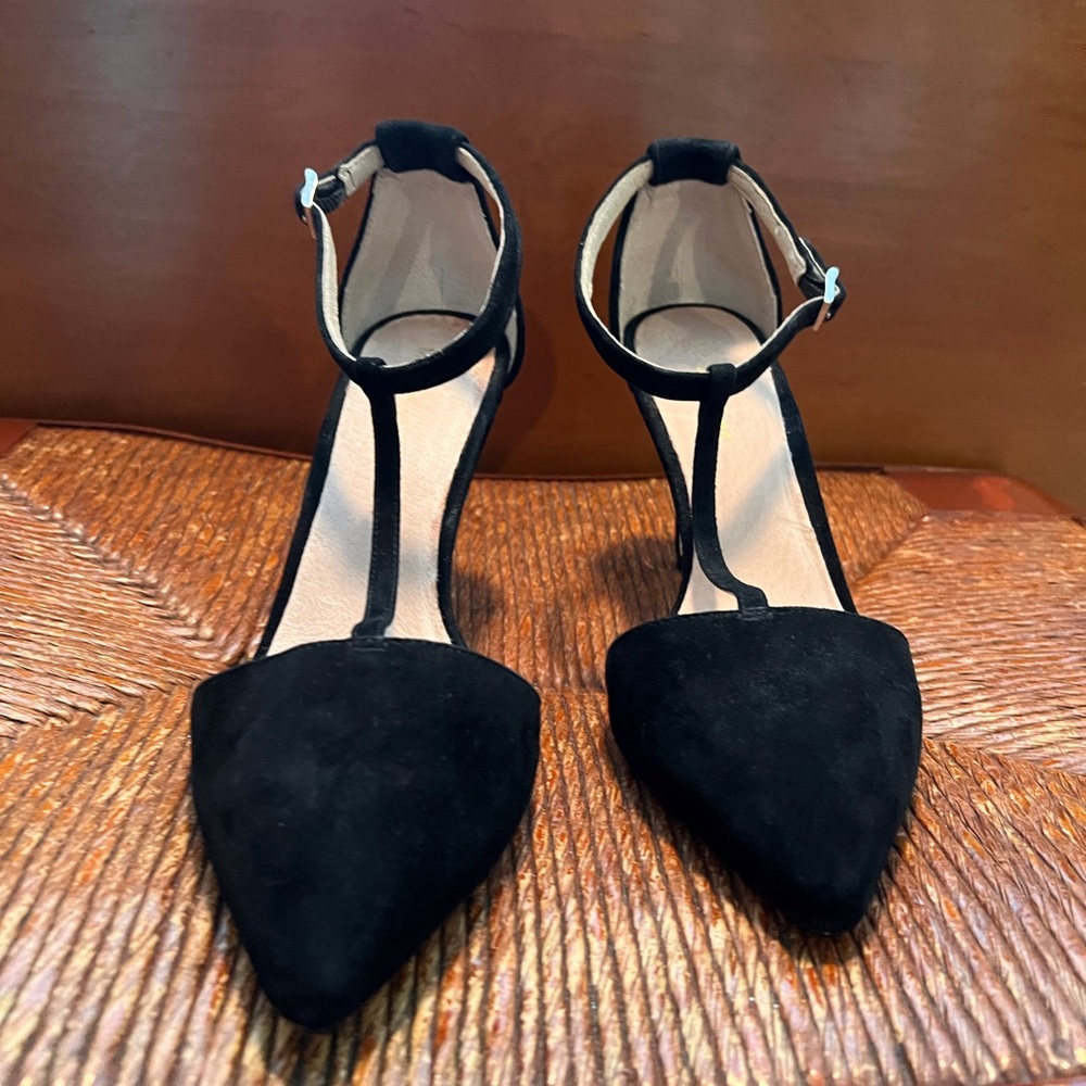Black suede t-strap heels. 3 inch heels.